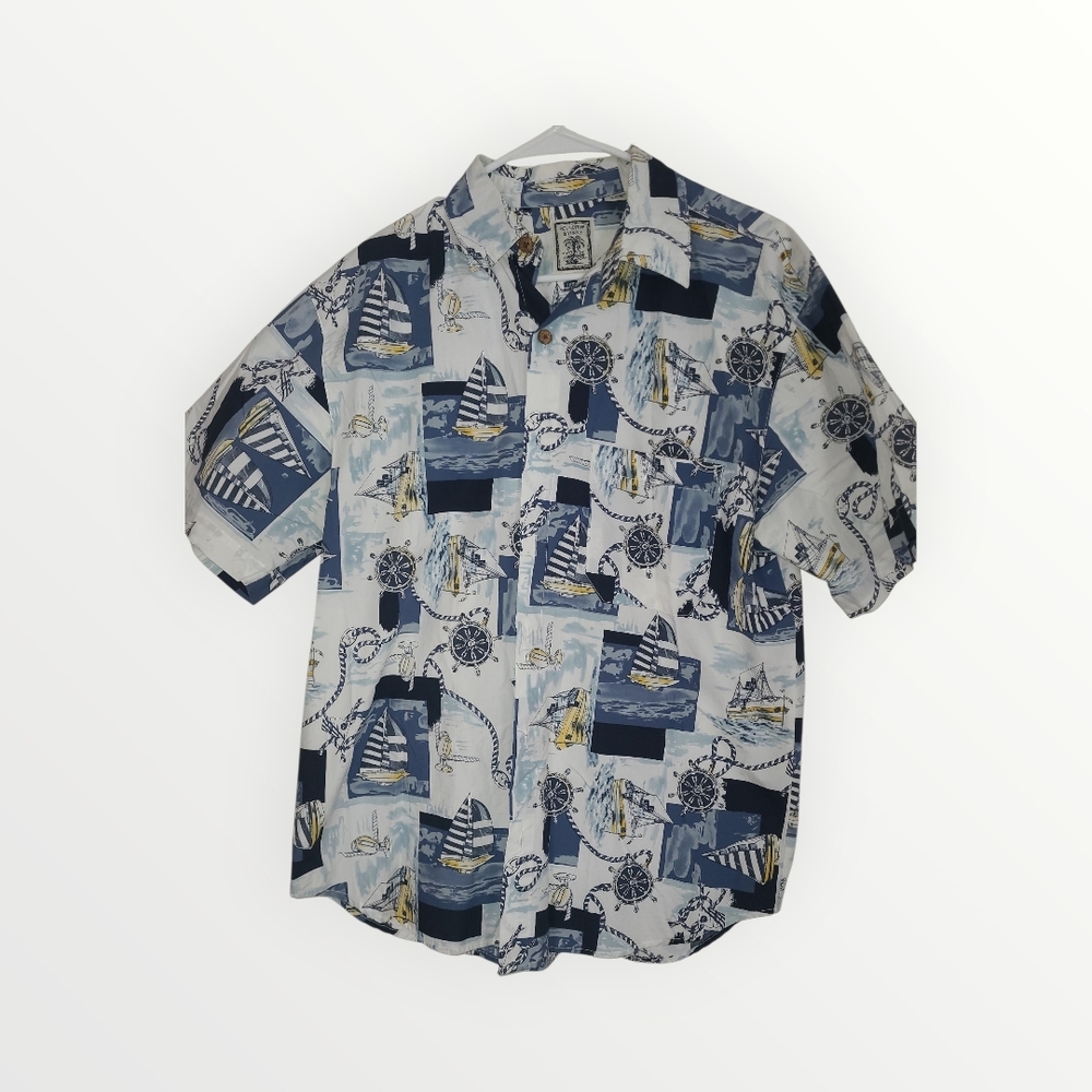 Roundtree & Yorke Nautical Themed Blue and White Shirt